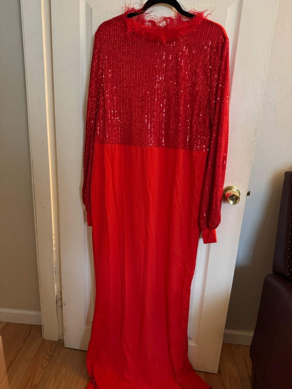 Red Sequin & Feather Trim Maxi Dress